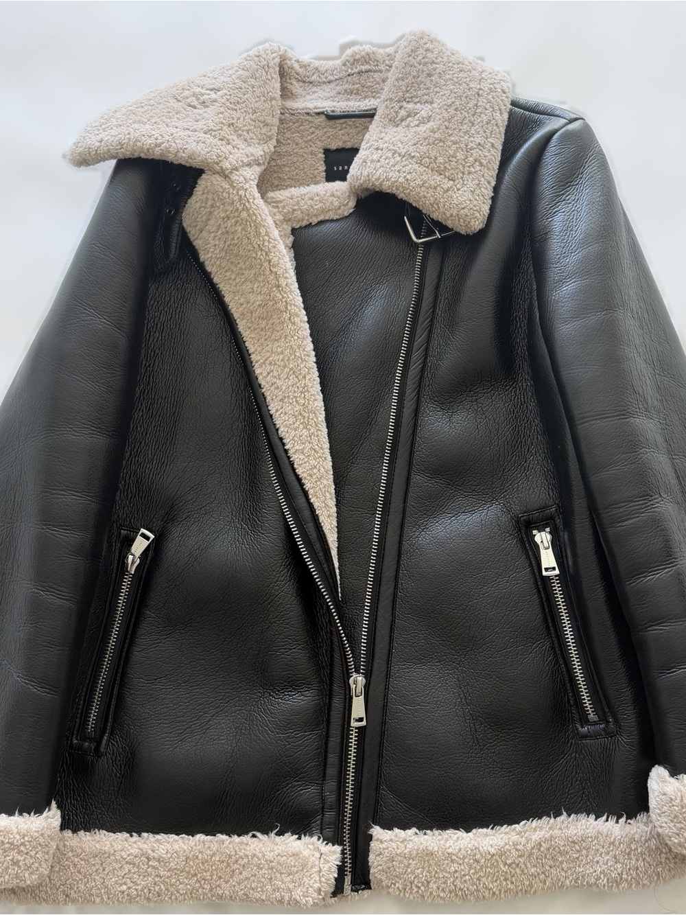 Sanctuary Black Faux Leather Jacket with Cream Shearling